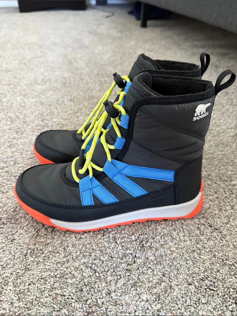 Sorel Kids' Whitney II Short Lace Boots Black, Orange, blue size 4 youth